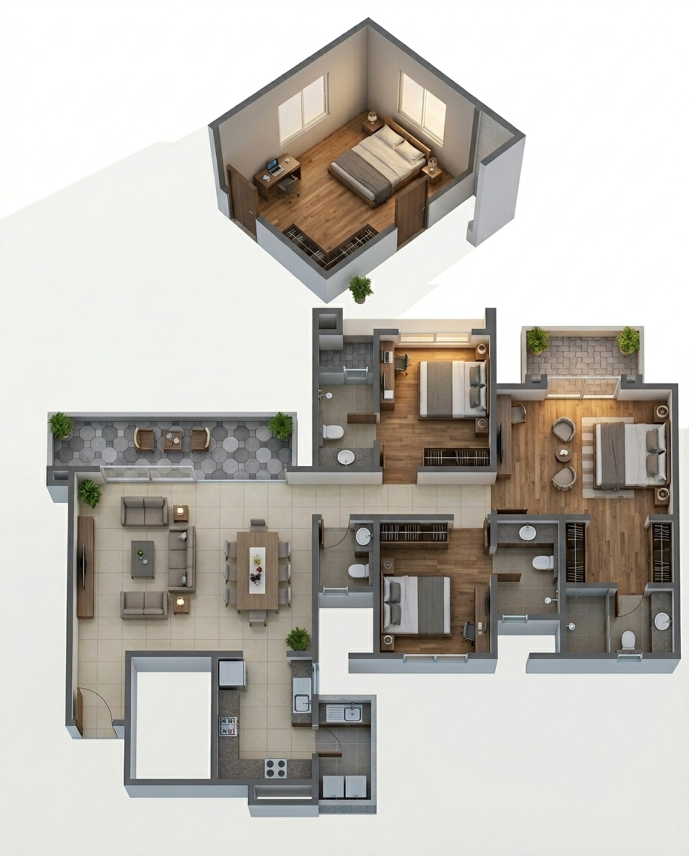 Floor plan of 3 BHK 2072 Sq. Ft. Apartment in Sobha City Gurgaon, Gurgaon